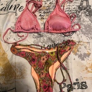 Pink Bikini Top and Floral Bottom Set